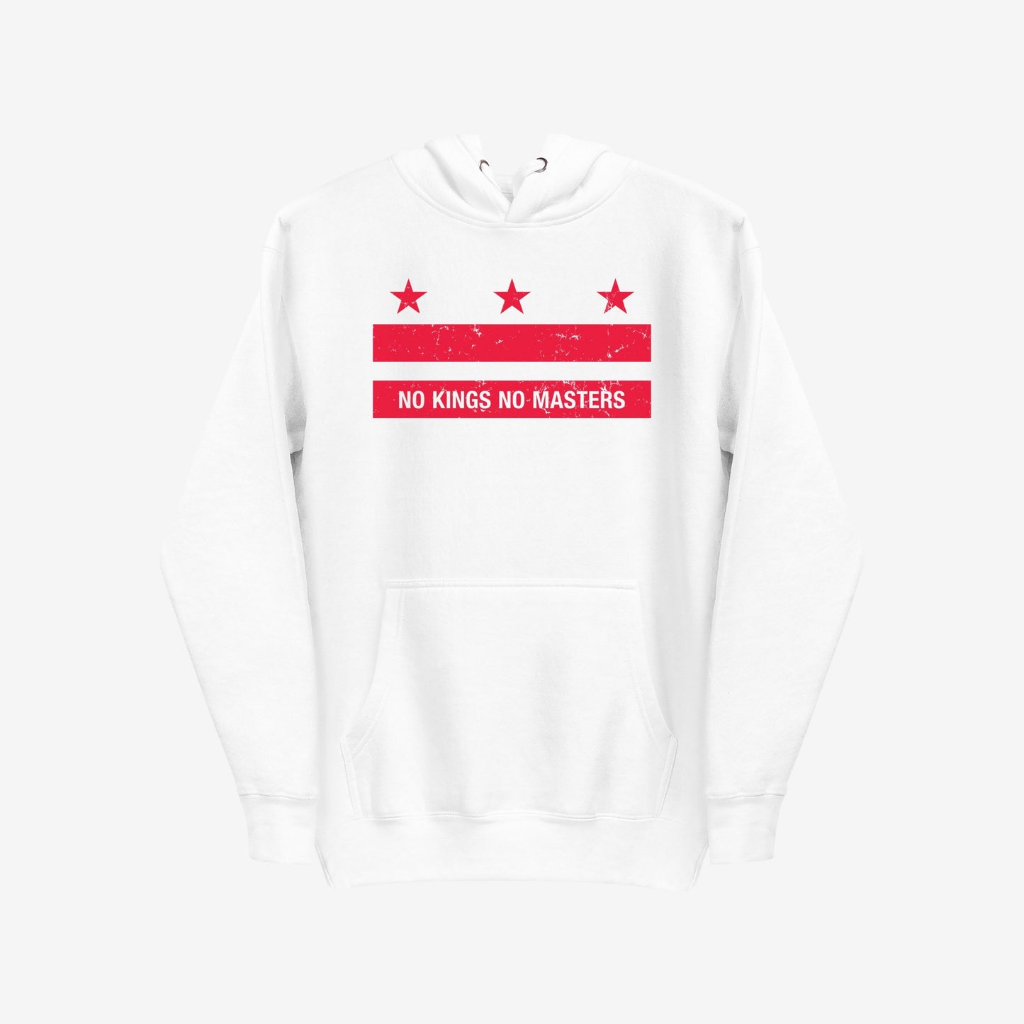 Washington DC No Kings Flag Hoodie & Sweatshirt features a bold red graphic of stars and bars with NO KINGS NO MASTERS, embodying defiance and resistance on a classic white pullover design.