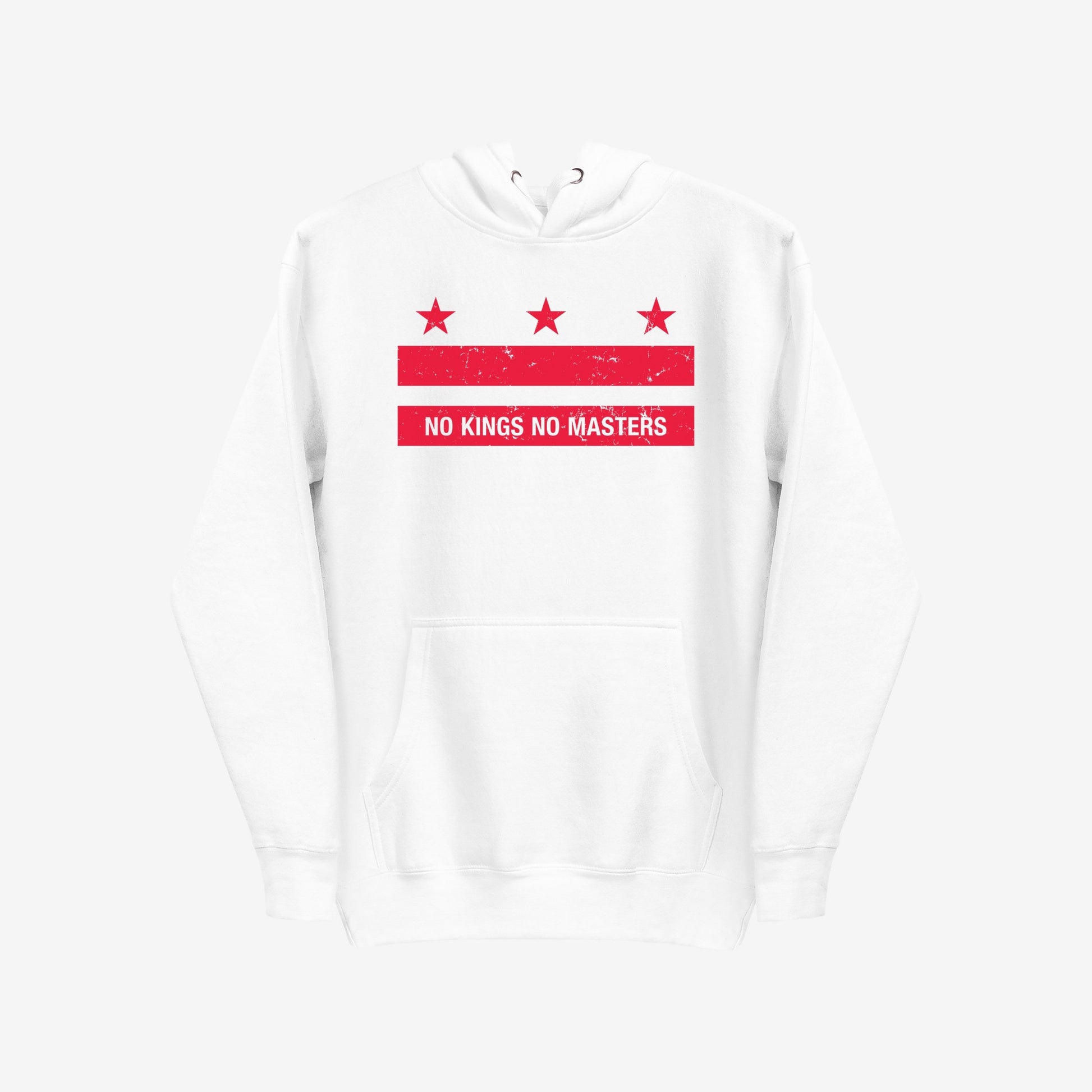 Washington DC No Kings Flag Hoodie & Sweatshirt features a bold red graphic of stars and bars with NO KINGS NO MASTERS, embodying defiance and resistance on a classic white pullover design.