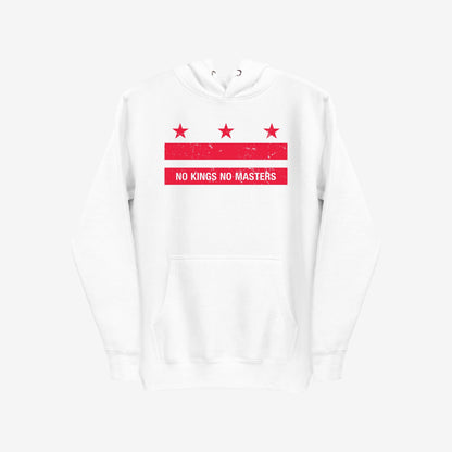 Washington DC No Kings Flag Hoodie & Sweatshirt features a bold red graphic of stars and bars with NO KINGS NO MASTERS, embodying defiance and resistance on a classic white pullover design.