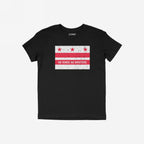 Black crew-neck tee featuring the Washington DC No Kings Flag Shirt design with a distressed flag motif and NO KINGS NO MASTERS slogan, symbolizing resistance and anti-authoritarian stance.