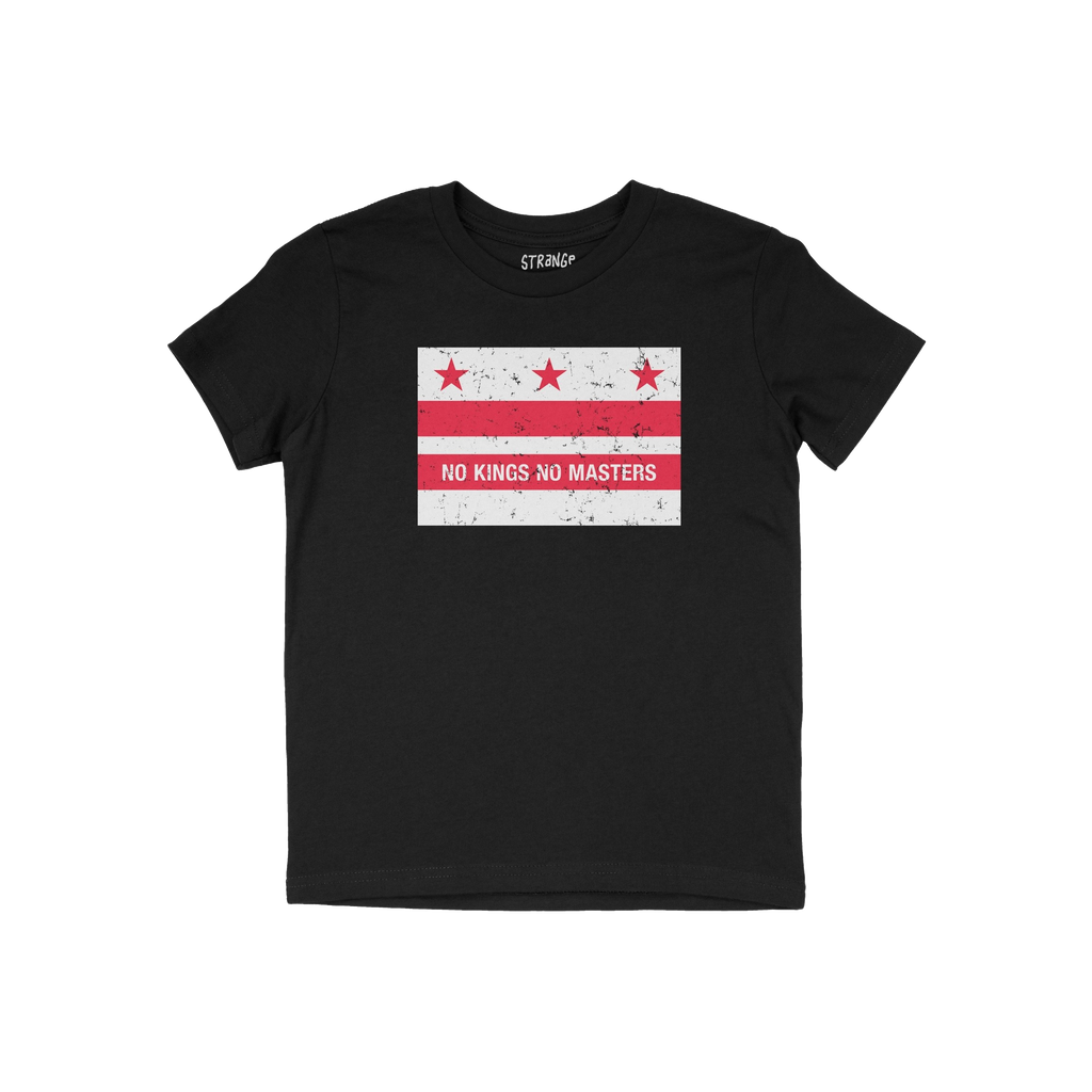 Black crew-neck tee featuring the Washington DC No Kings Flag Shirt design with a distressed flag motif and NO KINGS NO MASTE