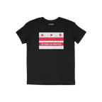 Black crew-neck tee featuring the Washington DC No Kings Flag Shirt design with a distressed flag motif and NO KINGS NO MASTE