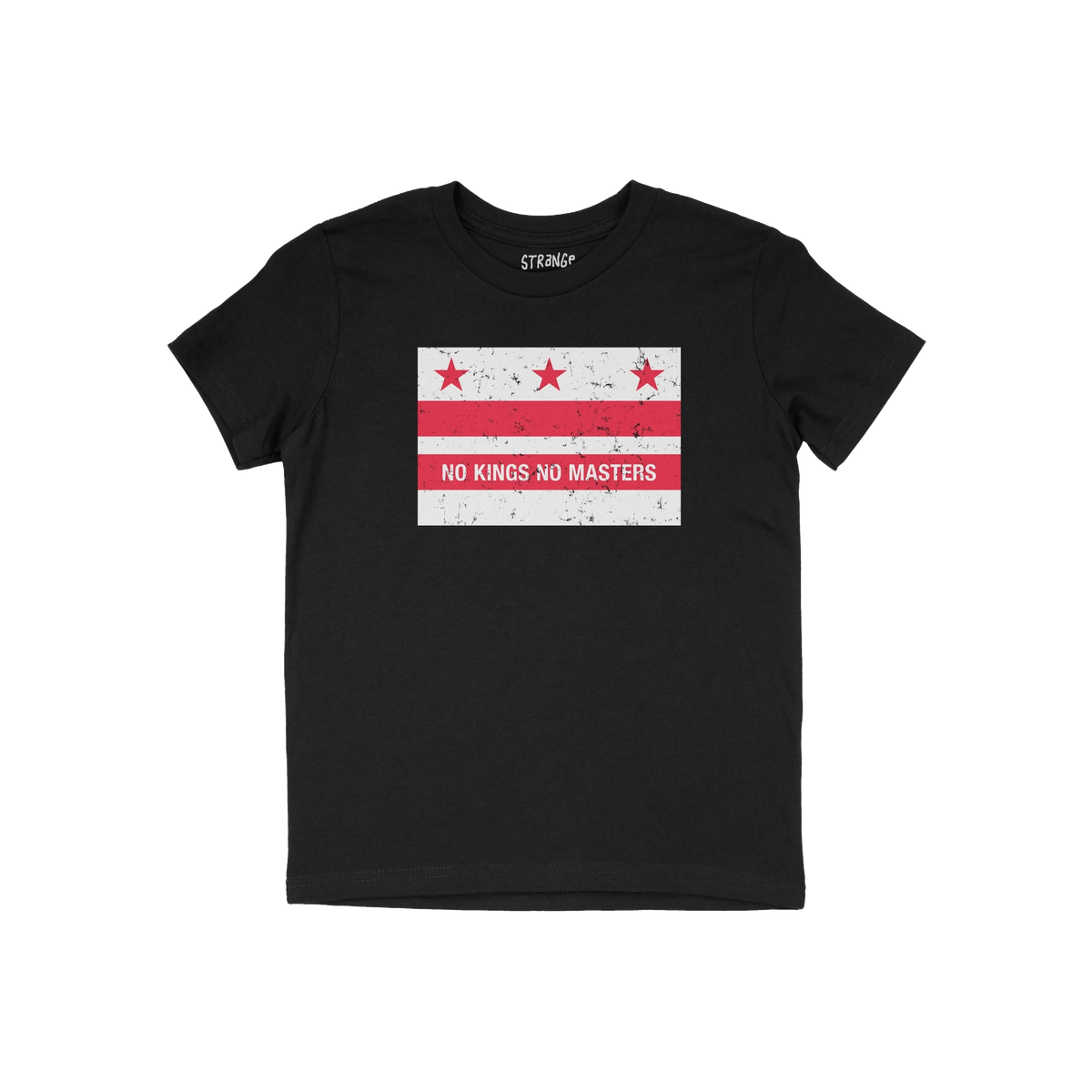 Black crew-neck tee featuring the Washington DC No Kings Flag Shirt design with a distressed flag motif and NO KINGS NO MASTE