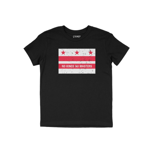 Black crew-neck tee featuring the Washington DC No Kings Flag Shirt design with a distressed flag motif and NO KINGS NO MASTE