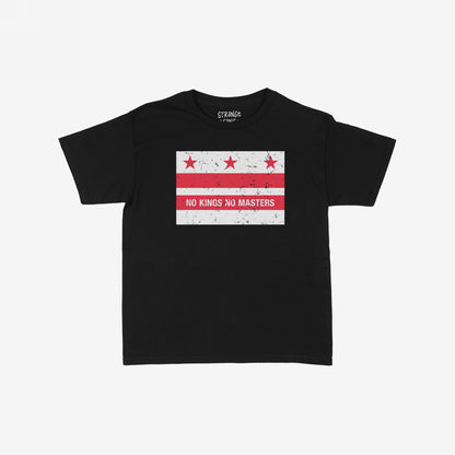 Washington DC No Kings Flag T-shirt features a vintage-style graphic inspired by the DC flag. The distressed design boldly declares “NO KINGS NO MASTERS,” embodying a spirit of resistance and equality.