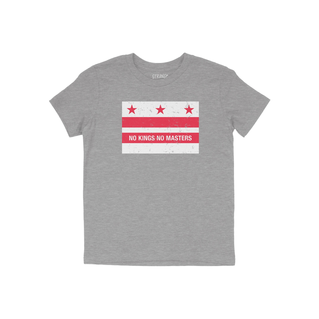 Heather-gray T-shirt featuring a distressed Washington D.C. flag design with NO KINGS NO MASTERS in bold. The Washington DC N