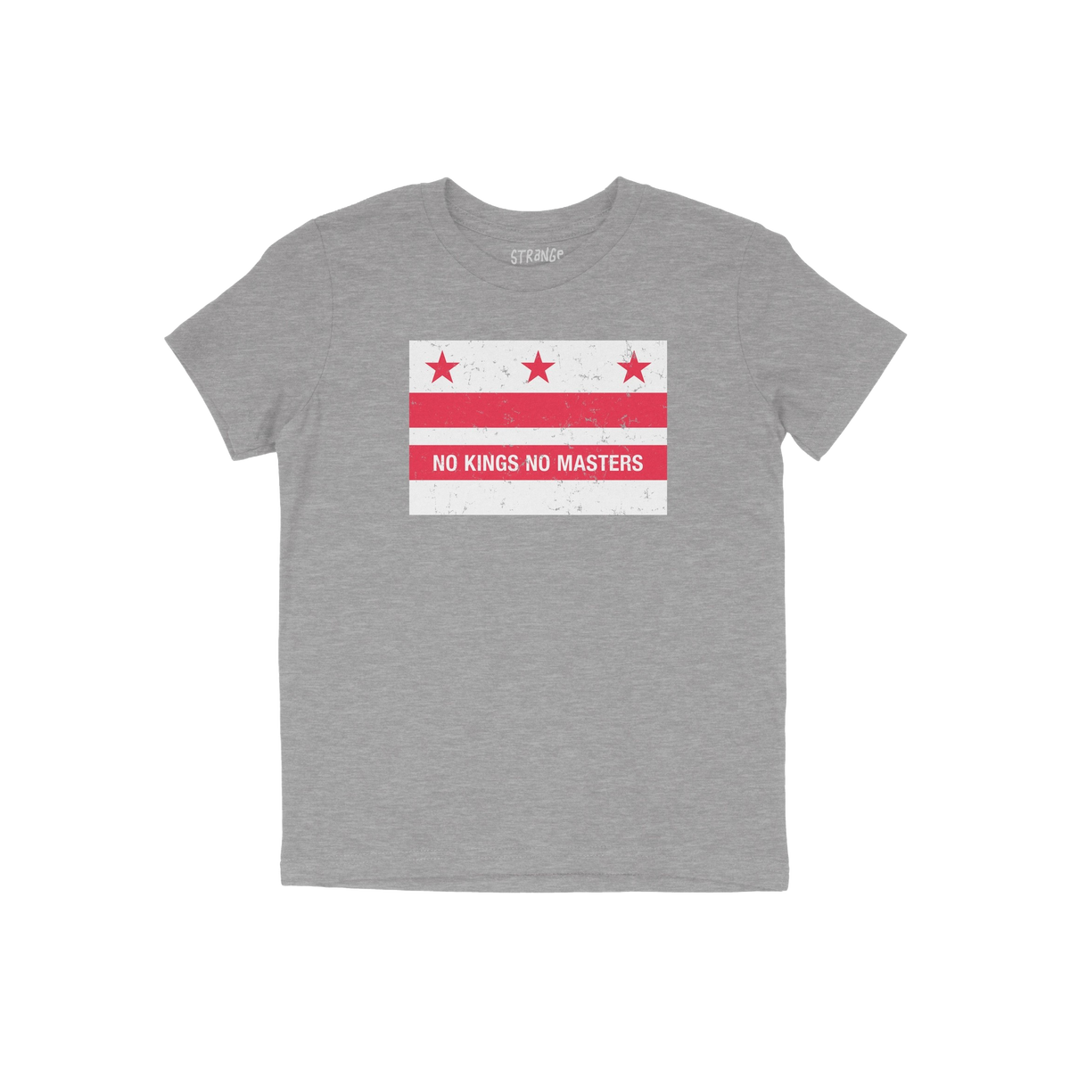 Heather-gray T-shirt featuring a distressed Washington D.C. flag design with NO KINGS NO MASTERS in bold. The Washington DC N