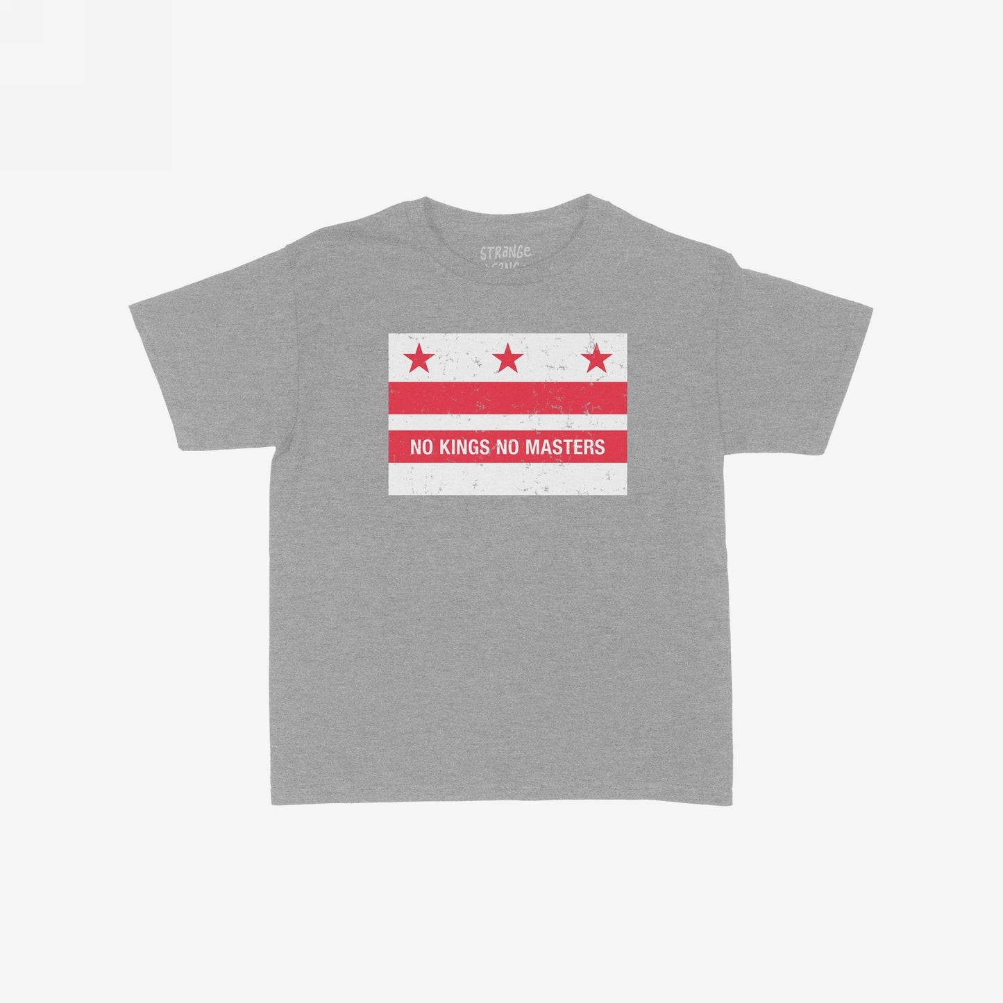 Heather-gray Washington DC No Kings Flag T-shirt featuring a distressed flag graphic with NO KINGS NO MASTERS slogan, symbolizing a bold statement against centralized power and control.