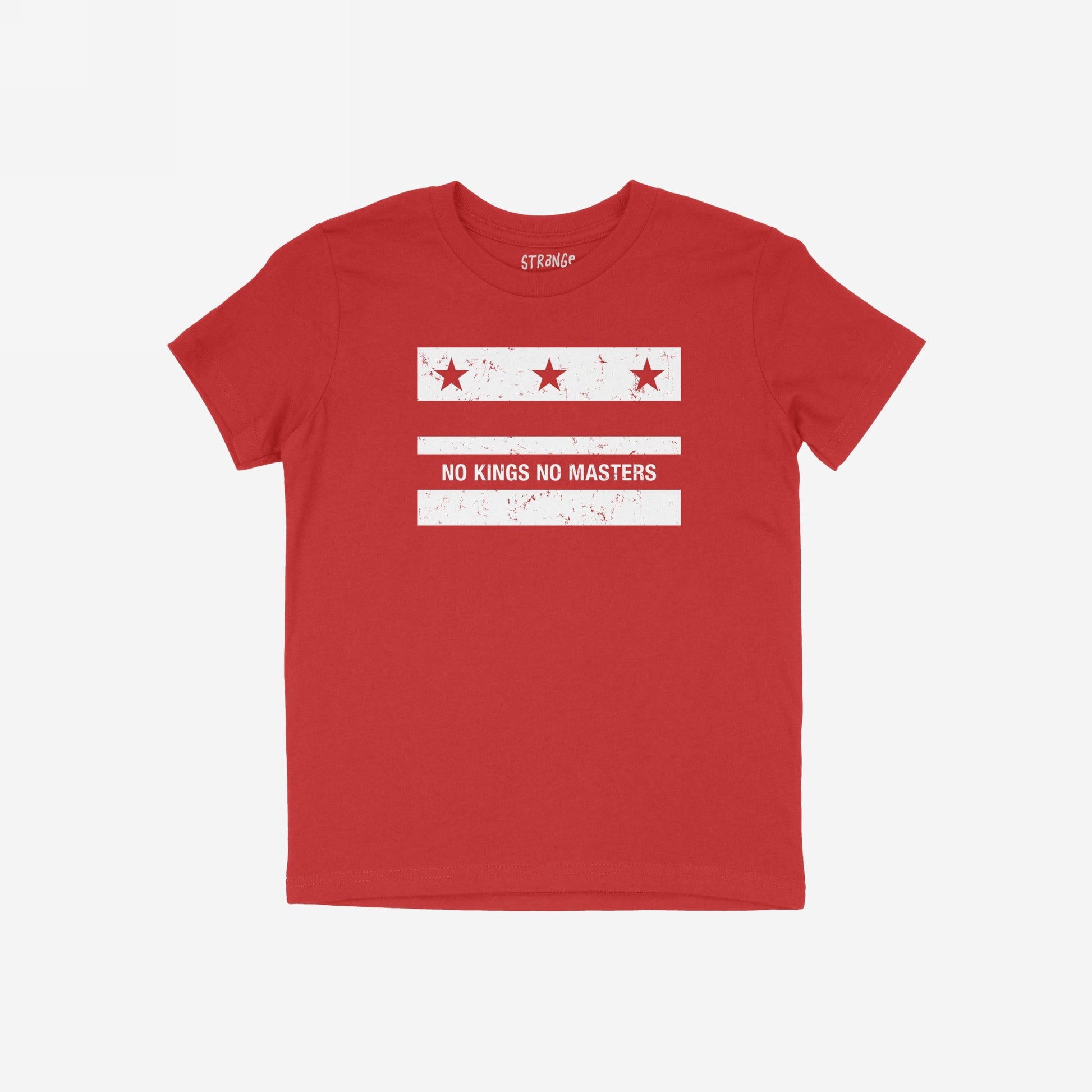 Washington DC No Kings Flag Shirt featuring a distressed white graphic with three stars and NO KINGS NO MASTERS slogan, symbolizing resistance and anti-authoritarian values.