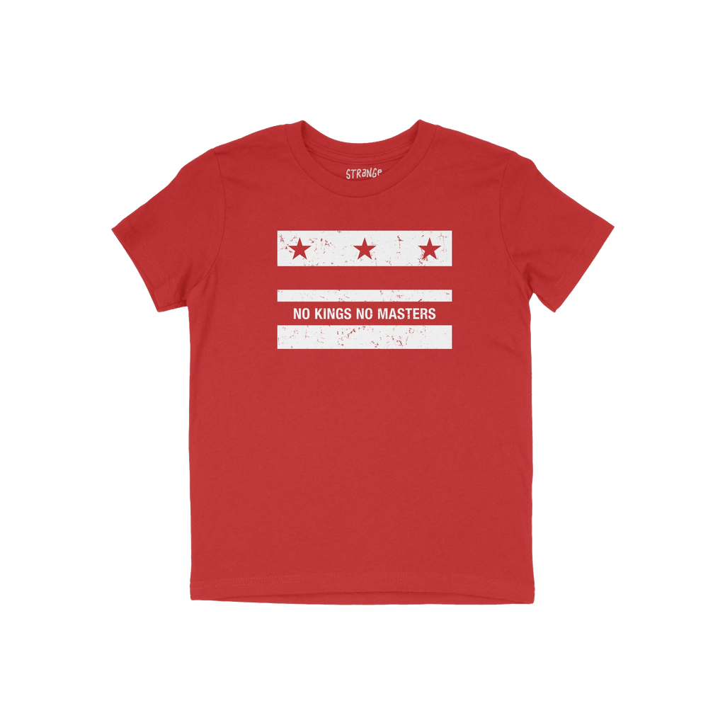 Washington DC No Kings Flag Shirt featuring a distressed white graphic with three stars and NO KINGS NO MASTERS slogan, symbo