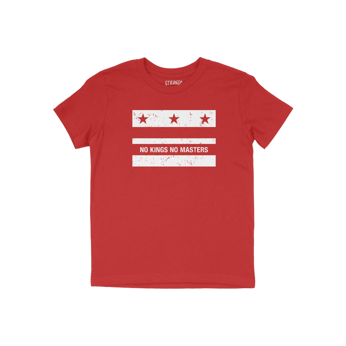 Washington DC No Kings Flag Shirt featuring a distressed white graphic with three stars and NO KINGS NO MASTERS slogan, symbo