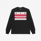 Washington DC No Kings Flag Shirt: A black long-sleeve T-shirt featuring a bold anti-authoritarian flag design with NO KINGS NO MASTERS slogan, embodying resistance and equality.
