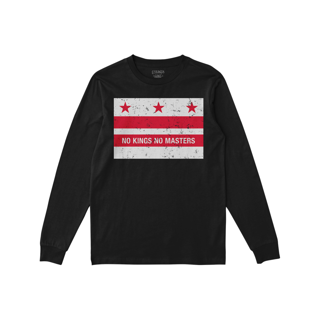 Washington DC No Kings Flag Shirt: A black long-sleeve T-shirt featuring a bold anti-authoritarian flag design with NO KINGS 