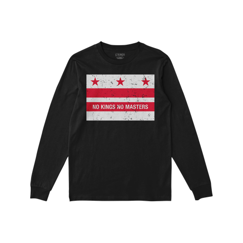 Washington DC No Kings Flag Shirt: A black long-sleeve T-shirt featuring a bold anti-authoritarian flag design with NO KINGS 