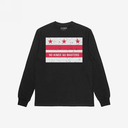Black long-sleeve Washington DC No Kings Flag T-shirt with distressed flag design and NO KINGS NO MASTERS slogan, embodying a bold statement for empowerment and resistance against centralized authority.