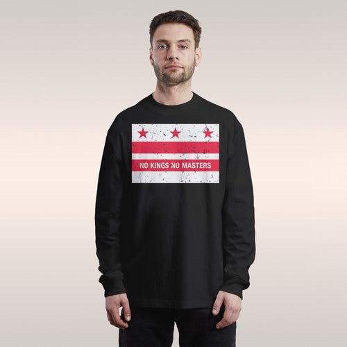 Young man wearing the Washington DC No Kings Flag Shirt featuring a distressed red and white flag graphic with No Kings No Ma