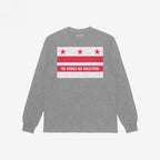 Heather-gray long-sleeve shirt featuring Washington DC No Kings Flag graphic: three red stars, two red bars, and “NO KINGS NO MASTERS” slogan, symbolizing resistance and anti-authoritarianism.