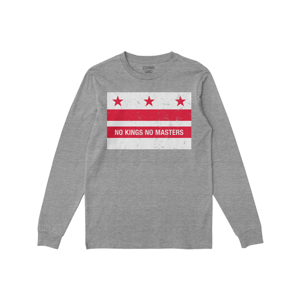 Heather-gray long-sleeve shirt featuring Washington DC No Kings Flag graphic: three red stars, two red bars, and “NO KINGS 