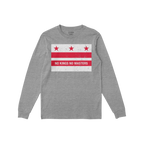 Heather-gray long-sleeve shirt featuring Washington DC No Kings Flag graphic: three red stars, two red bars, and “NO KINGS 