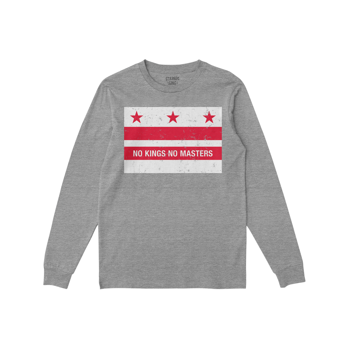 Heather-gray long-sleeve shirt featuring Washington DC No Kings Flag graphic: three red stars, two red bars, and “NO KINGS 