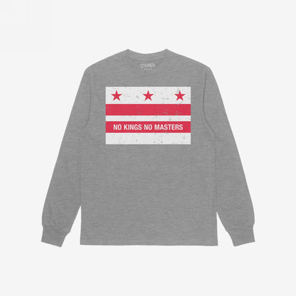 Washington DC No Kings Flag T-shirt features a heather-gray, long-sleeve design with a distressed red-and-white flag motif, emblazoned with “NO KINGS NO MASTERS” for a powerful statement.