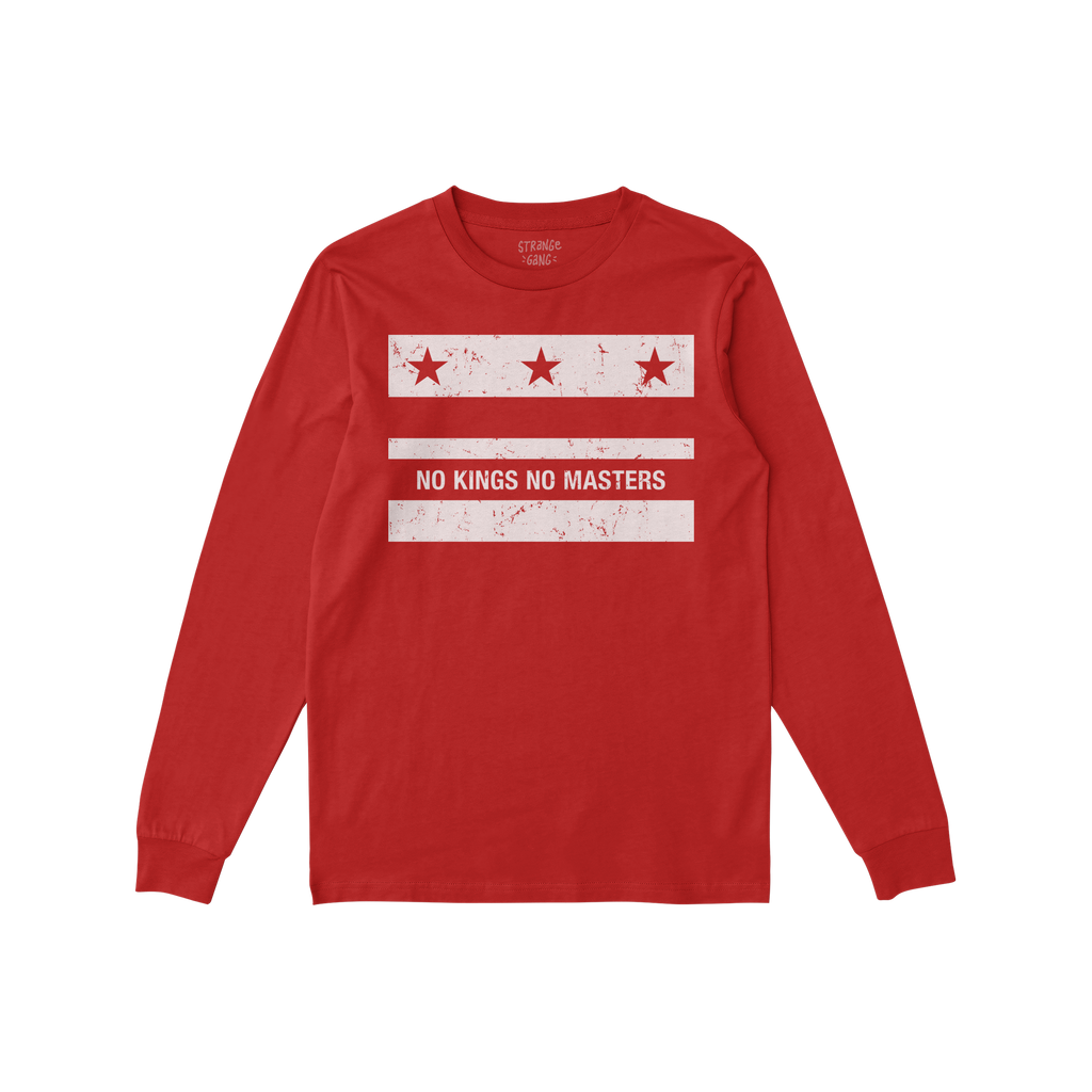 The Washington DC No Kings Flag Shirt features a bold anti-authoritarian design with a three-star motif and the slogan “NO 