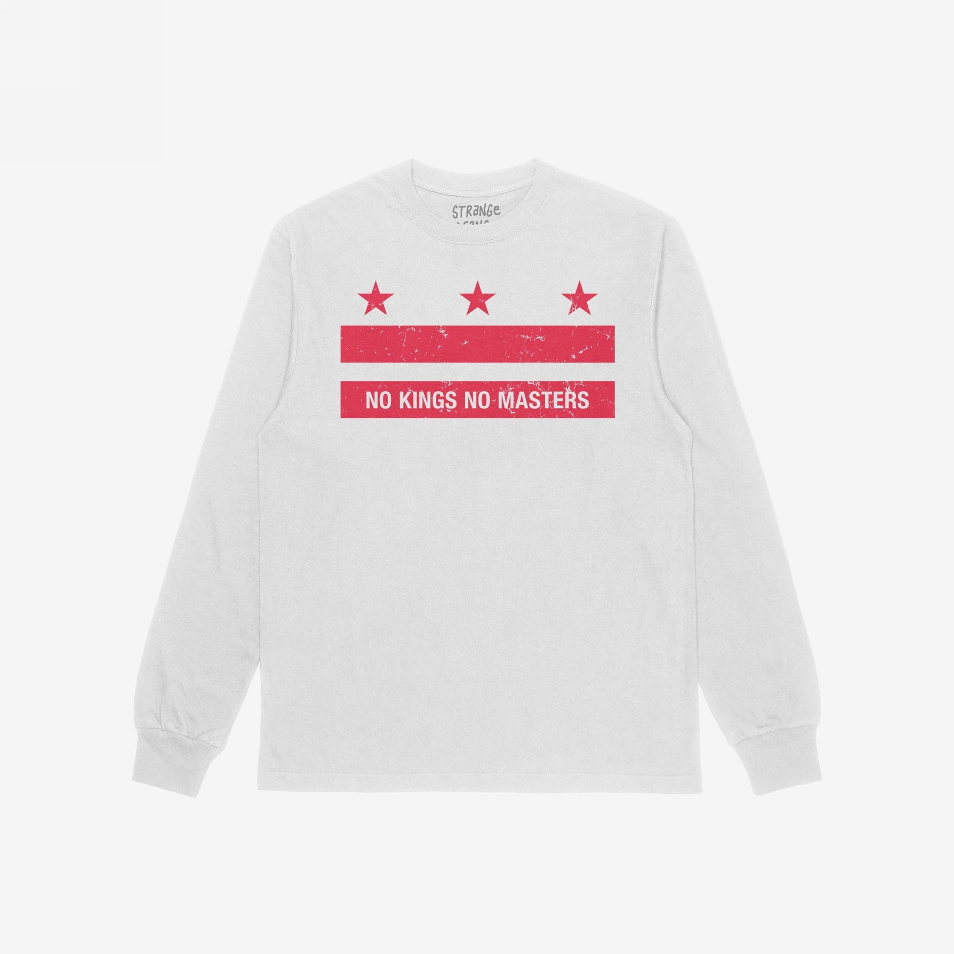 Washington DC No Kings Flag T-shirt features a distressed red graphic with stars and NO KINGS NO MASTERS slogan, symbolizing defiance and empowerment. Laid flat, it embodies resistance and equality.