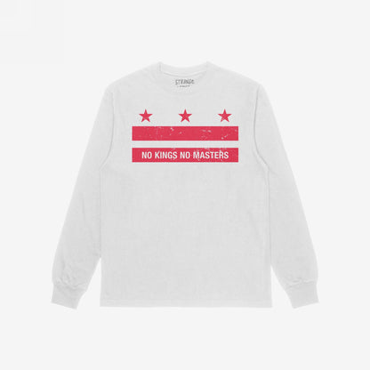 Washington DC No Kings Flag T-shirt features a distressed red graphic with stars and NO KINGS NO MASTERS slogan, symbolizing defiance and empowerment. Laid flat, it embodies resistance and equality.