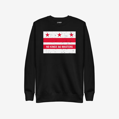 Washington DC No Kings Flag Hoodie & Sweatshirt featuring a distressed D.C. flag graphic with NO KINGS NO MASTERS slogan, embodying a message of resistance and defiance against authority.