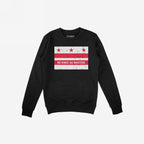Washington DC No Kings Flag Shirt featuring a black crewneck with a stylized city flag graphic—three red stars, two stripes, and “NO KINGS NO MASTERS”—symbolizing resistance and anti-authoritarian spirit.