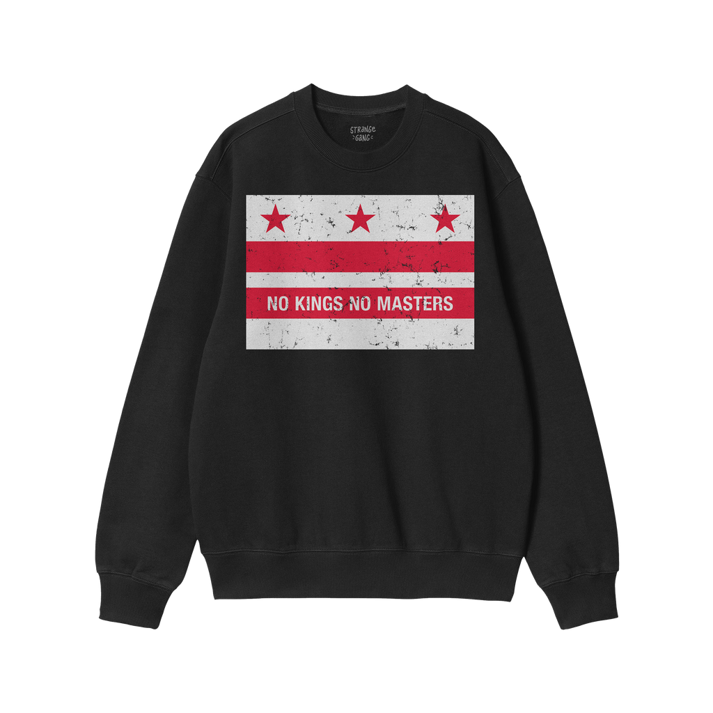 Washington DC No Kings Flag Shirt featuring a black crewneck with a stylized city flag graphic—three red stars, two stripes
