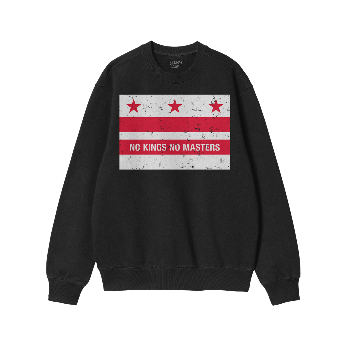 Washington DC No Kings Flag Shirt featuring a black crewneck with a stylized city flag graphic—three red stars, two stripes