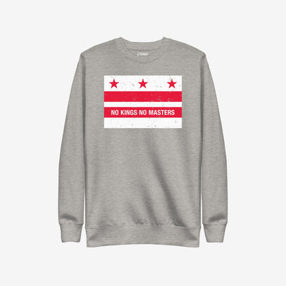 Washington DC No Kings Flag Hoodie & Sweatshirt showcases a light-gray crewneck with a stylized flag graphic, featuring bold white NO KINGS NO MASTERS lettering, embodying defiance and protest.
