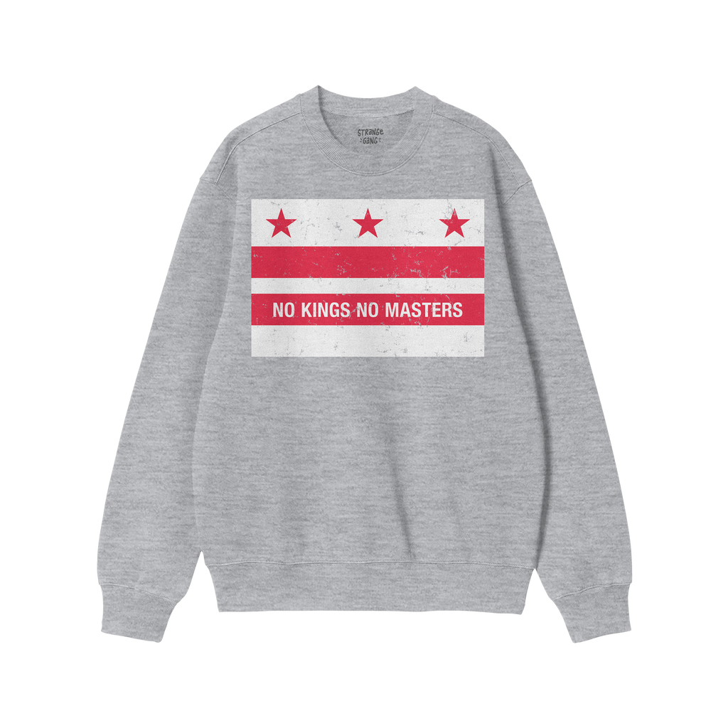 Light-gray crewneck sweatshirt featuring the Washington DC No Kings Flag Shirt design with distressed red stars, stripes, and