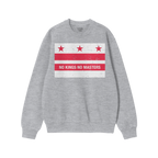 Light-gray crewneck sweatshirt featuring the Washington DC No Kings Flag Shirt design with distressed red stars, stripes, and