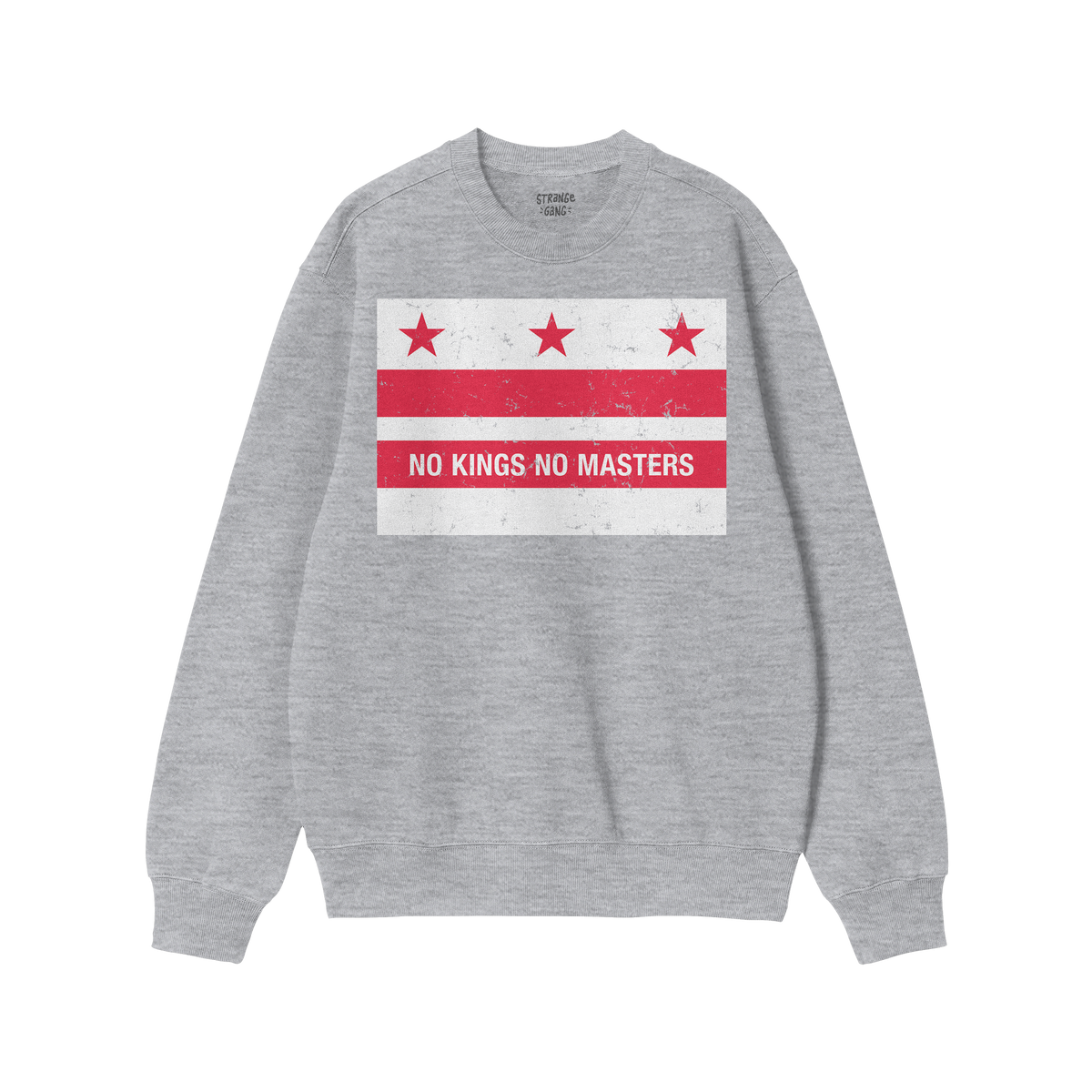 Light-gray crewneck sweatshirt featuring the Washington DC No Kings Flag Shirt design with distressed red stars, stripes, and