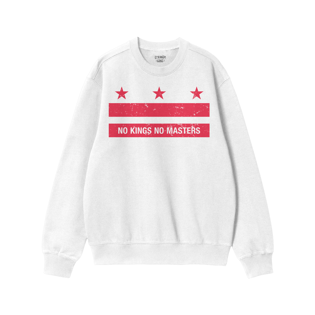 Red crew-neck sweatshirt featuring the Washington DC No Kings Flag Shirt design, with distressed white print: three stars, ��