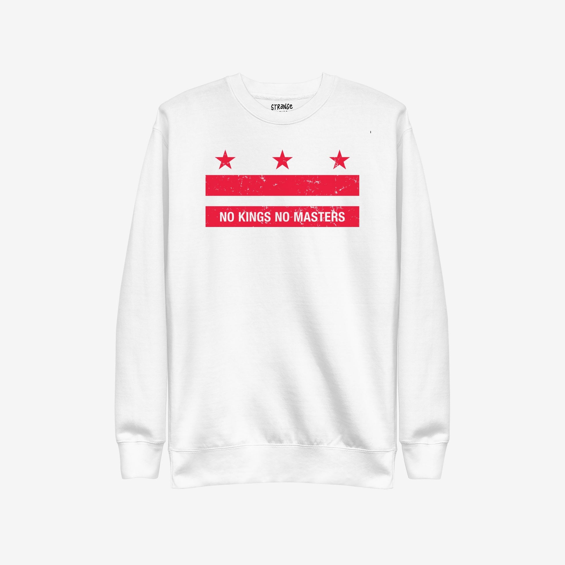 Washington DC No Kings Flag Hoodie & Sweatshirt features a bold red graphic with stars and the slogan NO KINGS NO MASTERS, symbolizing defiance and resistance, perfect for making a statement.