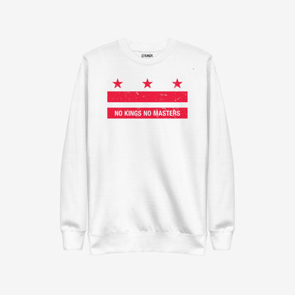 Washington DC No Kings Flag Hoodie & Sweatshirt features a bold red graphic with stars and the slogan NO KINGS NO MASTERS, symbolizing defiance and resistance, perfect for making a statement.