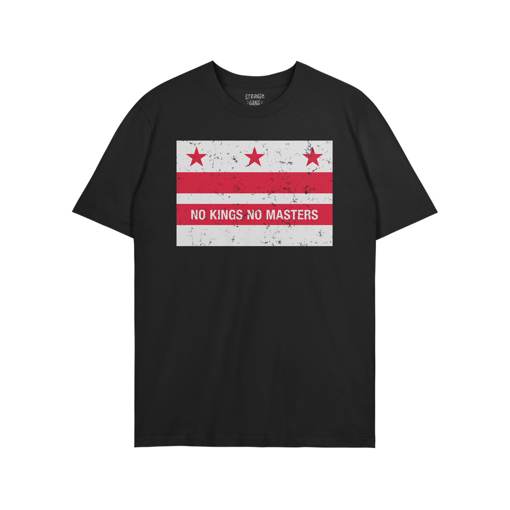 Washington DC No Kings Flag Shirt featuring a distressed red-and-white flag motif and the slogan “NO KINGS NO MASTERS,” e