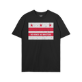 Washington DC No Kings Flag Shirt featuring a distressed red-and-white flag motif and the slogan “NO KINGS NO MASTERS,” e
