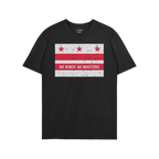 Washington DC No Kings Flag Shirt featuring a distressed red-and-white flag motif and the slogan “NO KINGS NO MASTERS,” e