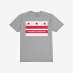 Light gray Washington DC No Kings Flag Shirt with a distressed-red-and-white graphic featuring three stars, two stripes, and NO KINGS NO MASTERS, symbolizing resistance and anti-authoritarianism.