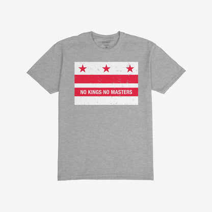 Light gray Washington DC No Kings Flag Shirt with a distressed-red-and-white graphic featuring three stars, two stripes, and NO KINGS NO MASTERS, symbolizing resistance and anti-authoritarianism.
