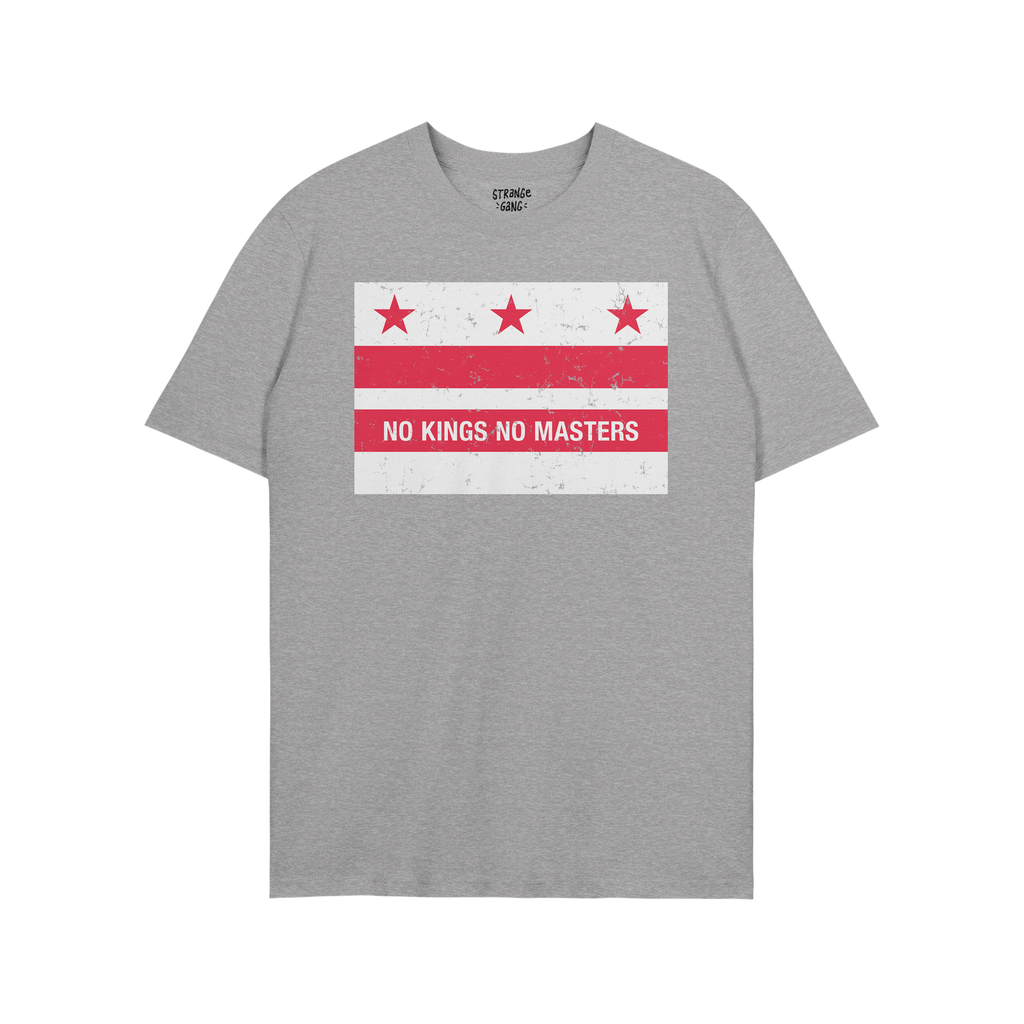 Light gray Washington DC No Kings Flag Shirt with a distressed-red-and-white graphic featuring three stars, two stripes, and 