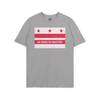 Light gray Washington DC No Kings Flag Shirt with a distressed-red-and-white graphic featuring three stars, two stripes, and 