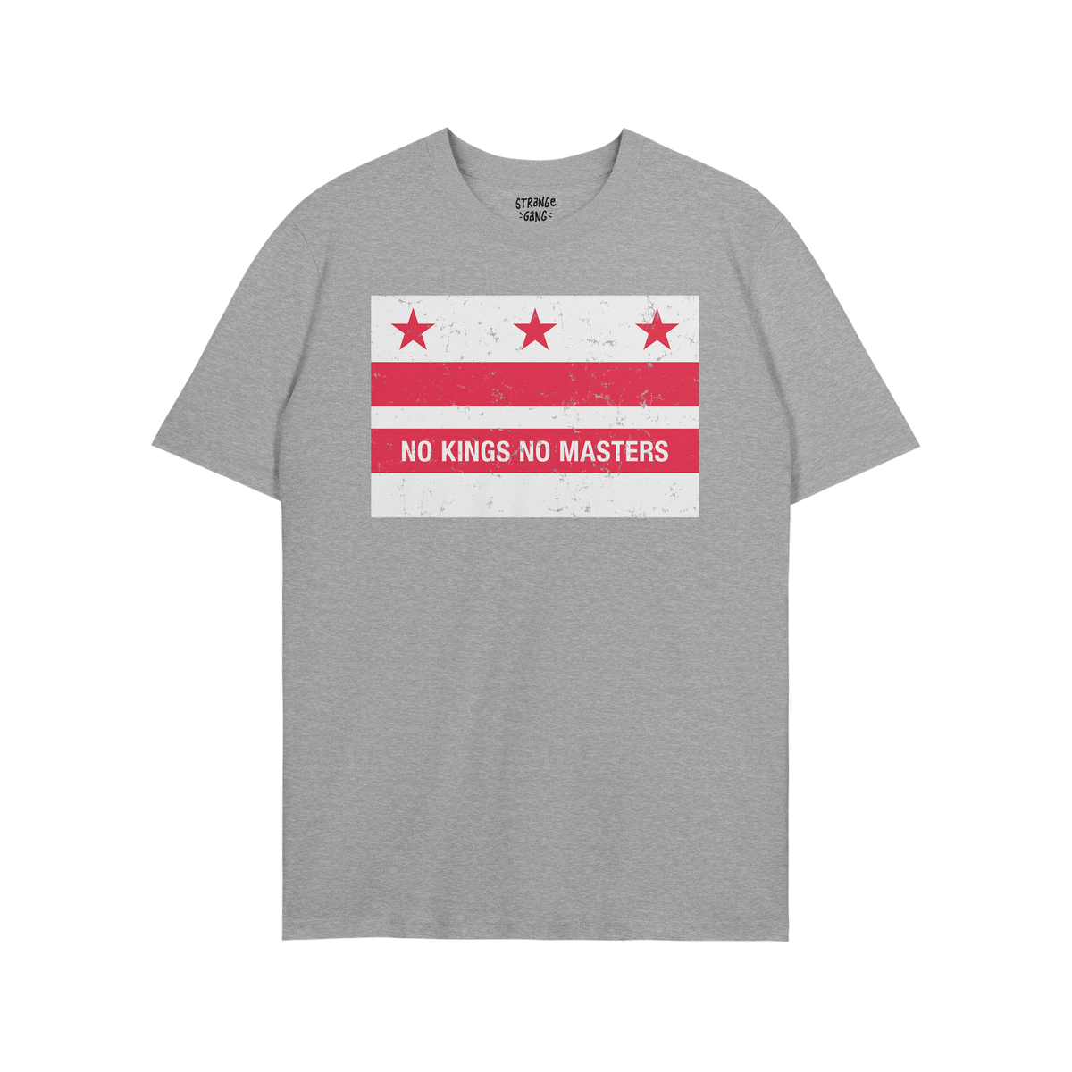 Light gray Washington DC No Kings Flag Shirt with a distressed-red-and-white graphic featuring three stars, two stripes, and 