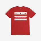 Washington DC No Kings Flag Shirt features a red T-shirt with a distressed white graphic of stars and stripes, emblazoned with NO KINGS NO MASTERS, embodying a bold anti-authoritarian message.