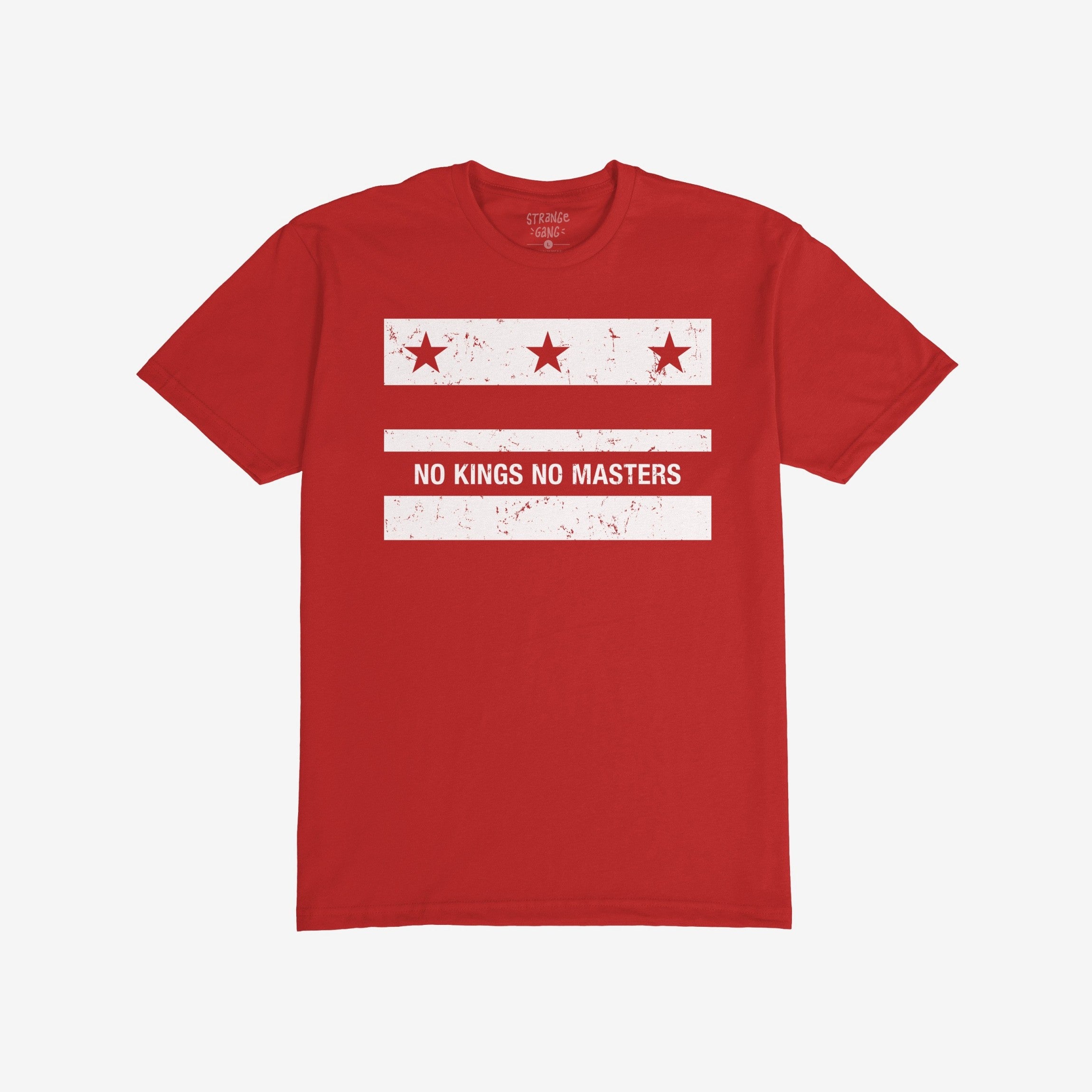 Washington DC No Kings Flag Shirt features a red T-shirt with a distressed white graphic of stars and stripes, emblazoned with NO KINGS NO MASTERS, embodying a bold anti-authoritarian message.