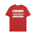 Washington DC No Kings Flag Shirt features a red T-shirt with a distressed white graphic of stars and stripes, emblazoned wit